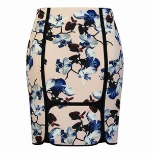 Yigal Azrouel Blush Pencil Skirt with Blue Floral Print and Black Piping